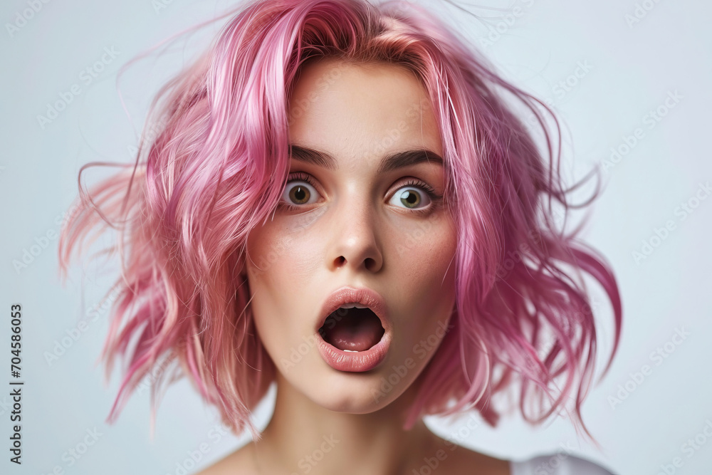 Surprised woman with a pink hair. Shocked girl portrait. AI generated