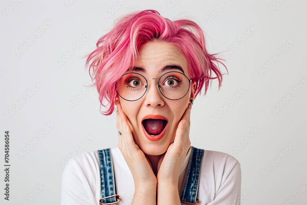 Surprised woman with a pink hair. Shocked girl portrait. AI generated