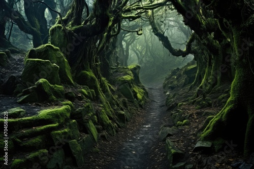 A beautiful forest path covered in lush green moss, winding its way through towering trees, A narrow, winding path through an ancient, eerie forest, AI Generated