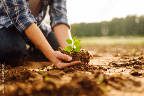 A man holds a green plant in his hands. In the palms of the farmer they sprout on fertile soil. Agriculture. Growing food. Agriculture concept. photo