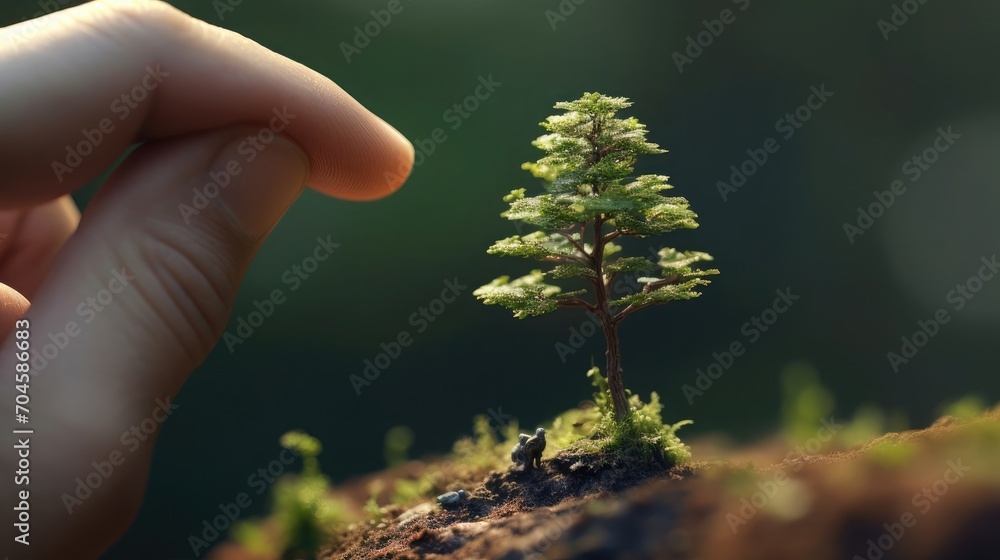 Fototapeta premium A tiny tree sitting on the tip of the finger, macro shot, miniaturecore, natural phenomena