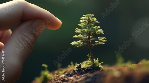 A tiny tree sitting on the tip of the finger, macro shot, miniaturecore, natural phenomena