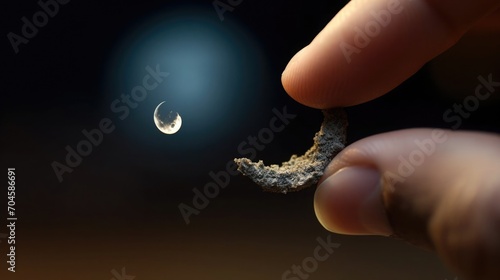A tiny moon sitting on the tip of the finger, macro shot, miniaturecore, natural phenomena photo