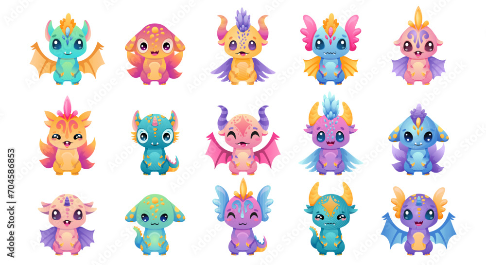 Fototapeta premium Cute Little Monsters set with different eyes, wings, horns. Cheerful happy face emotions. Children hand drawn vector illustration for baby shower party, room design and card templates.