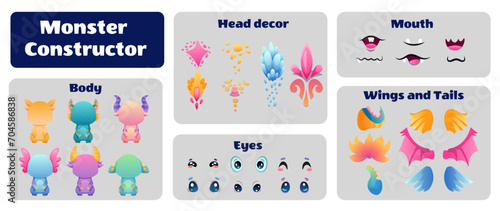 Create your Monster and collect cute aliens and funny creatures. Cartoon character creation kit with all elements and body parts. Vector children illustration