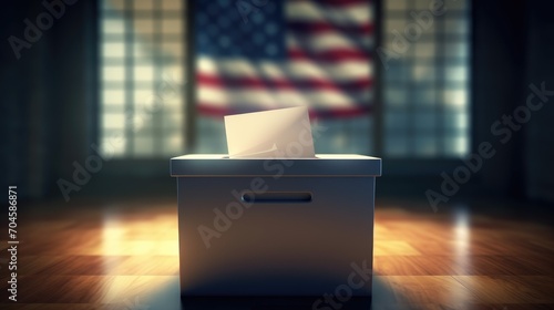 A voter places an envelope in a pristine ballot box, symbolizing civic duty and political engagement.