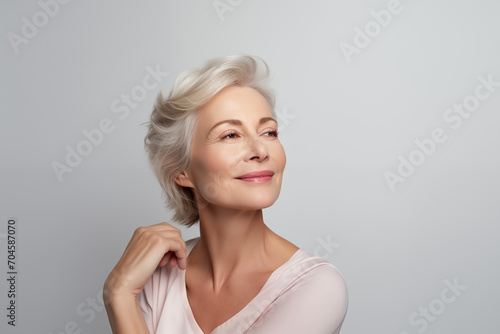 Gorgeous senior older Caucasian woman with short silver hair and natural makeup touching shoulder