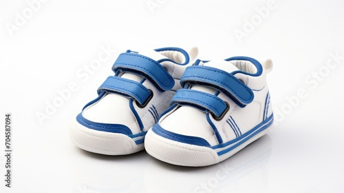 baby boy sport shoes in a closeup view on a white background. Perfect for a card or invitation template, this stock photo captures the essence of adorable infant fashion. Stylish steps for little feet