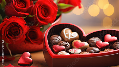 Romantic Valentine's Day Composition with Red Roses and Heart-Shaped Chocolate Box