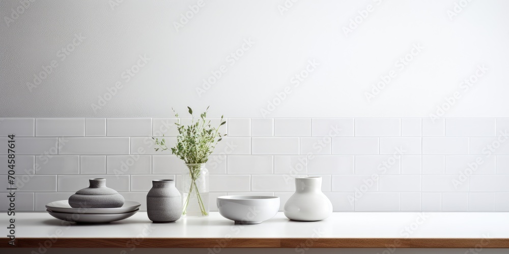 Modern interior design featuring a white table with modern kitchen accessories against a background of tiled walls.