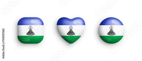 Lesotho Official National Flag 3D Vector Glossy Icons In Rounded Square, Heart And Circle Form Isolated On White Back. Lesotho Sign And Symbols Graphic Design Elements Volumetric Buttons Collection