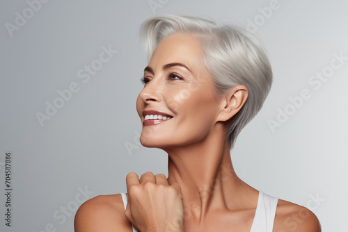 Gorgeous senior older Caucasian woman with short silver hair and natural makeup touching shoulder photo