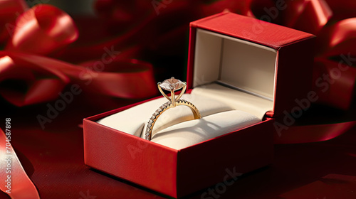 Diamond Ring in Open Red Box with Satin Ribbons