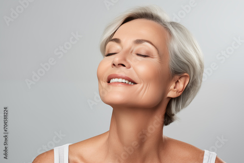 Gorgeous senior older smiling Caucasian woman with natural makeup on grey background with copy space