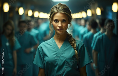 A youthful lady in blue scrubs stands confidently in the indoor hallway, her beaming smile a reflection of both her fashion-forward sense and compassionate nature as she goes about her important work