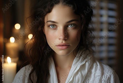 A stunning portrait of a fashion-forward lady with long brown hair, wearing a white shirt and gazing intently at the camera, showcasing her delicate features and expressive eyebrows