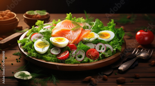 Salmon and Hard-Boiled Egg Salad on Wooden Table