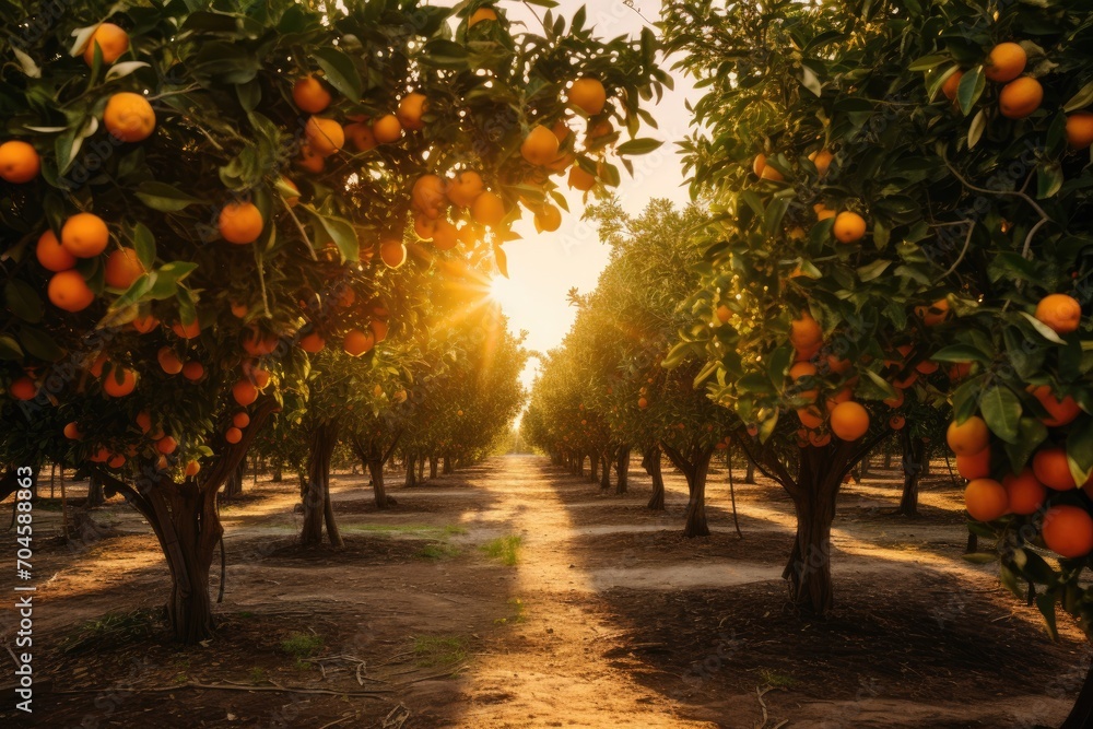 An orange grove brimming with ripe oranges on its lush trees, A panoramic view of an orange grove under a radiant sun, AI Generated - obrazy, fototapety, plakaty 