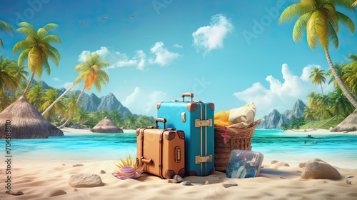 Tropical Beach Vacation Concept with Luggage on Pristine Sandy Shore