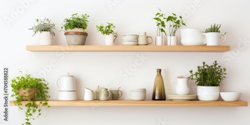 Scandinavian-inspired interior design in apartment or home blog showcasing minimalist style with modern kitchenware, plants on wooden shelves, and light wall with open space.