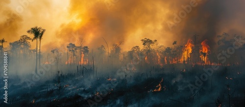Rainforest in Asia being deforested, with close-up of fire, smoke, and wildfire during drought. Air pollution caused by agricultural burning. © TheWaterMeloonProjec
