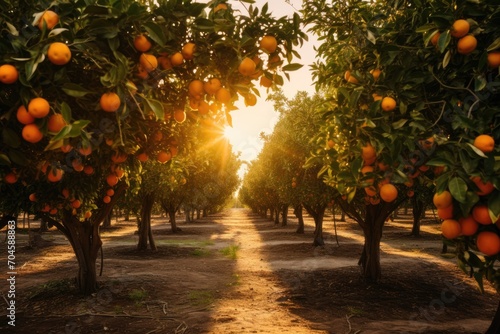 An orange grove brimming with ripe oranges on its lush trees, A panoramic view of an orange grove under a radiant sun, AI Generated photo
