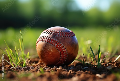 A lone baseball rests on the vibrant green grass, patiently waiting to be picked up and thrown in the midst of an exhilarating outdoor ball game on the sprawling field