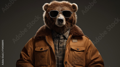 Grizzly with glasses. Close-up portrait of a grizzly. An anthopomorphic creature. A fictional character for advertising and marketing. Humorous character for graphic design.