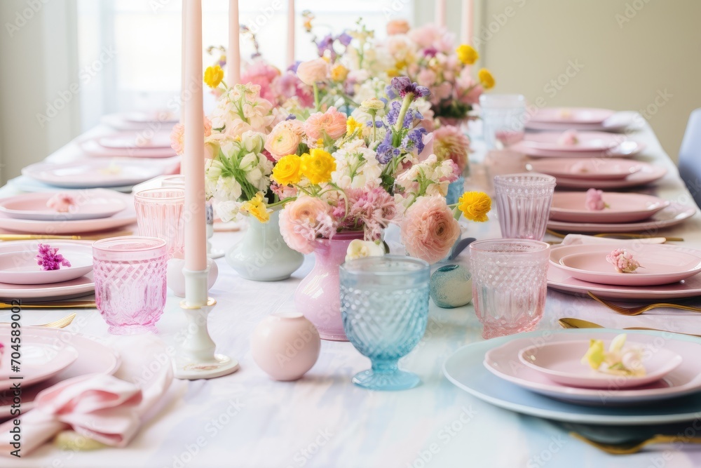 A table set with an arrangement of pink and blue dishes and plates, A pastel themed Motherâ€™s Day brunch, AI Generated