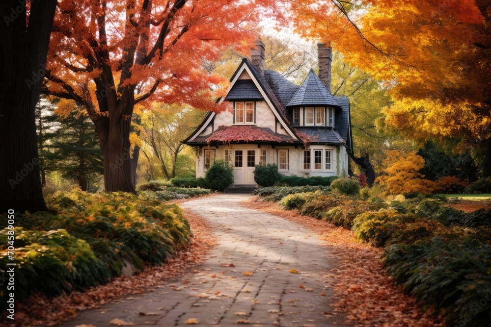 A picturesque house surrounded by vibrant trees and a carpet of fallen leaves during the fall season, A pathway lined with fall colored trees leading to a charming cottage, AI Generated A picturesque house surrounded by vibrant trees and a carpet of fallen leaves during the fall season, A pathway lined with fall colored trees leading to a charming cottage, AI Generated