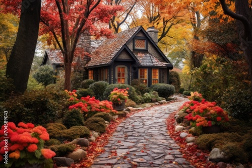 A serene small house harmoniously embraced by the vibrant flora surrounding it, A pathway lined with fall colored trees leading to a charming cottage, AI Generated