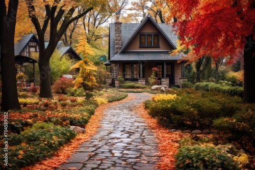 A serene residential scene in autumn  showing a house enveloped by vibrant fall trees and abundant foliage  A pathway lined with fall colored trees leading to a charming cottage  AI Generated