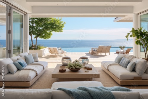 A beautiful living room filled with furniture and a stunning view of the ocean, A peaceful beach house with coastal decor and ocean view, AI Generated
