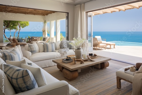 This image shows a cozy and functional living room filled with furniture, highlighted by a large window, A peaceful beach house with coastal decor and ocean view, AI Generated © Iftikhar alam