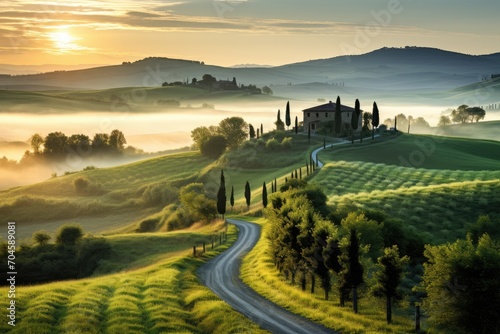 A serene road winds its way through a lush green countryside, creating a picturesque and tranquil scene, A peaceful countryside in Tuscany during sunrise, AI Generated