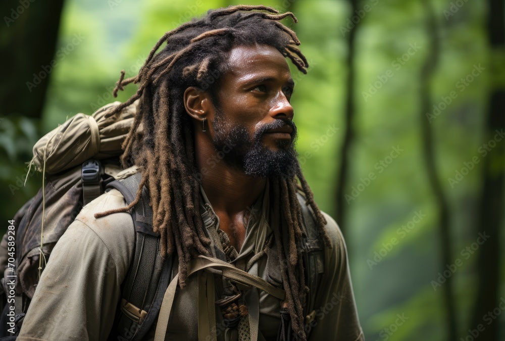 A free-spirited man with wild dreadlocks and a worn backpack stands beneath a towering tree, his rugged face adorned with a bushy beard, exuding a sense of adventure and connection to nature