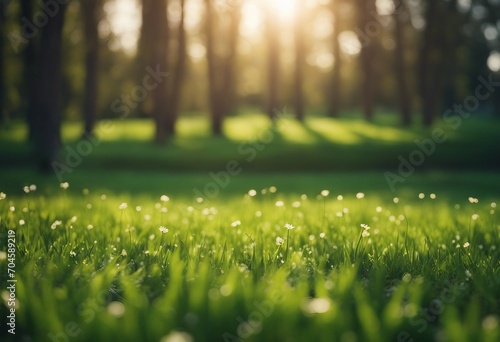 Beautiful blurred background image of spring nature with a neatly trimmed lawn surrounded by trees