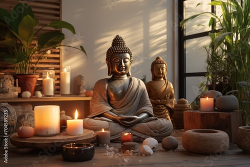 A serene Buddha statue sits peacefully on top of a rustic wooden table  A peaceful home meditation studio with candles and buddha statues  AI Generated