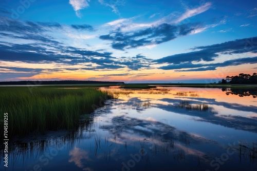 A picturesque lake with sparkling water nestled amidst a breathtaking natural backdrop  A peaceful marsh at dusk with reflections of the sky in still water  AI Generated