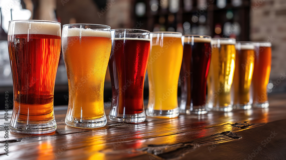 Beer Spectrum of A Colorful Lineup on the Bar Counter Beer Spectrum of A Colorful Lineup on the Bar Counter