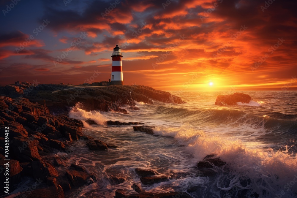 lighthouse sitting atop a rugged rocky shore, providing a beacon of light and guidance in the beautiful, A peaceful seascape with a lighthouse against the setting sun, AI Generated lighthouse sitting atop a rugged rocky shore, providing a beacon of light and guidance in the beautiful, A peaceful seascape with a lighthouse against the setting sun, AI Generated