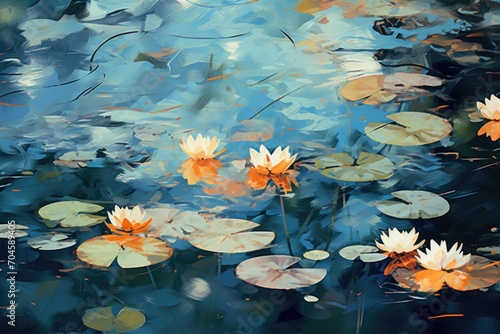 A peaceful and captivating painting capturing the beauty of water lilies floating in a serene pond, A peaceful scene of abstract lily pads floating on water, AI Generated