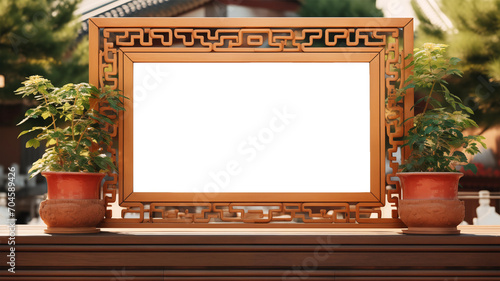 Chinese Mockup wood frame photo. Chinese dragon. Vertical boarder Mock-up. Empty board photo frame. Ai generated. Colorful PNG illustration photo