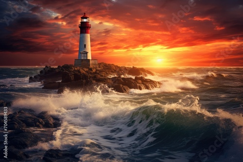 A solitary lighthouse stands steadfastly at sunset, providing a guiding light in the vast expanse of the open sea, A peaceful seascape with a lighthouse against the setting sun, AI Generated