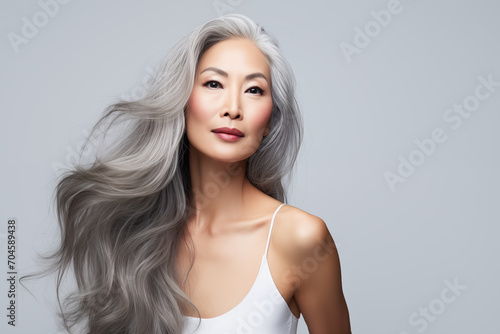Gorgeous senior older Asian woman with pumped lips and long silver hair looking at camera