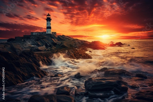 A lighthouse stands tall on a rocky shore, its light guiding ships through the treacherous waters, A peaceful seascape with a lighthouse against the setting sun, AI Generated