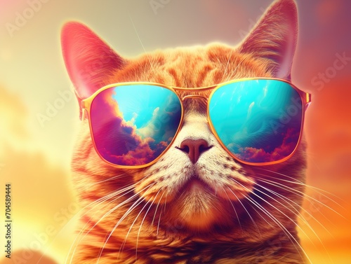 Stylish cat posing in sunglasses. Close portrait of furry kitty in fashion style. Illustration for cover, card, postcard, interior design, banner, poster, brochure or presentation. © Login