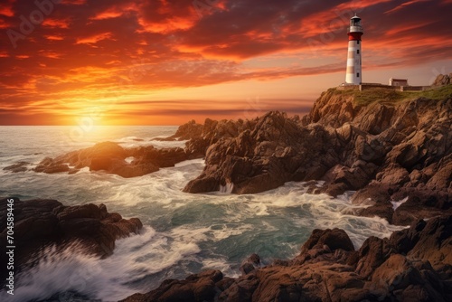 A picturesque lighthouse stands on a rugged cliff overlooking the vast ocean waves, A peaceful seascape with a lighthouse against the setting sun, AI Generated