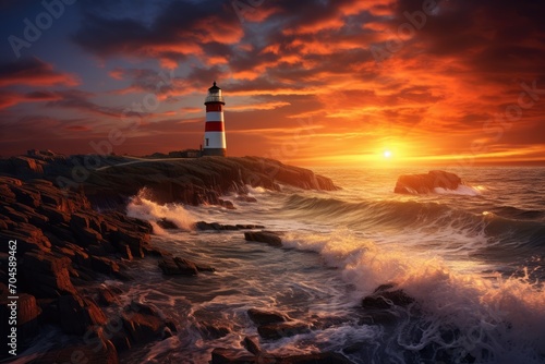 lighthouse sitting atop a rugged rocky shore, providing a beacon of light and guidance in the beautiful, A peaceful seascape with a lighthouse against the setting sun, AI Generated