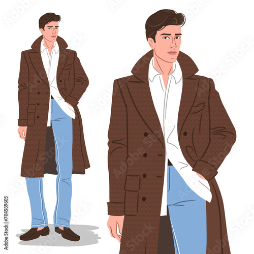 Vector fashion illustration of a handsome, young man in a winter outfit. Male fashion model posing in a stylish coat.